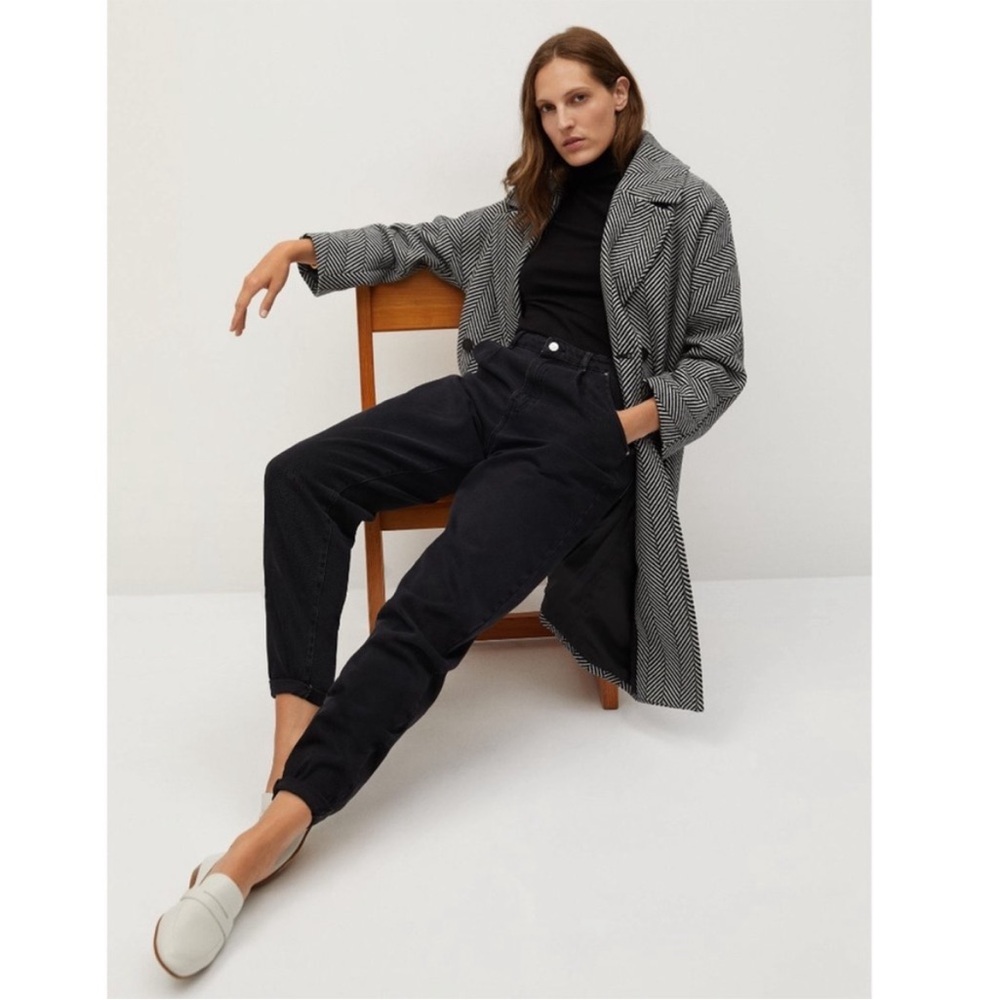 MANGO Black & White Herringbone Cross Oversized Double Breasted Wool Blend Coat - Picture 8 of 13